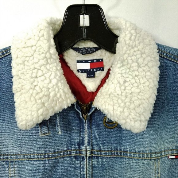 Tommy Hilfiger Kids Vintage Denim Jacket Blue Sz L Faux Sherpa Collar Cuffs Logo - Picture 13 of 13